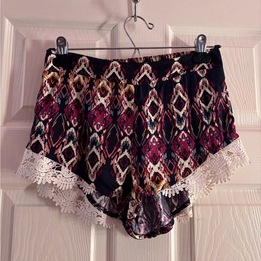 NWOT Boho Printed Shorts with Lace Trim